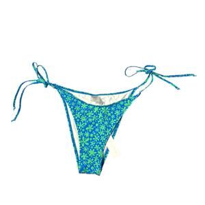 Bright Medium Blue and Green Floral Print Tie-Side Bikini Bottom